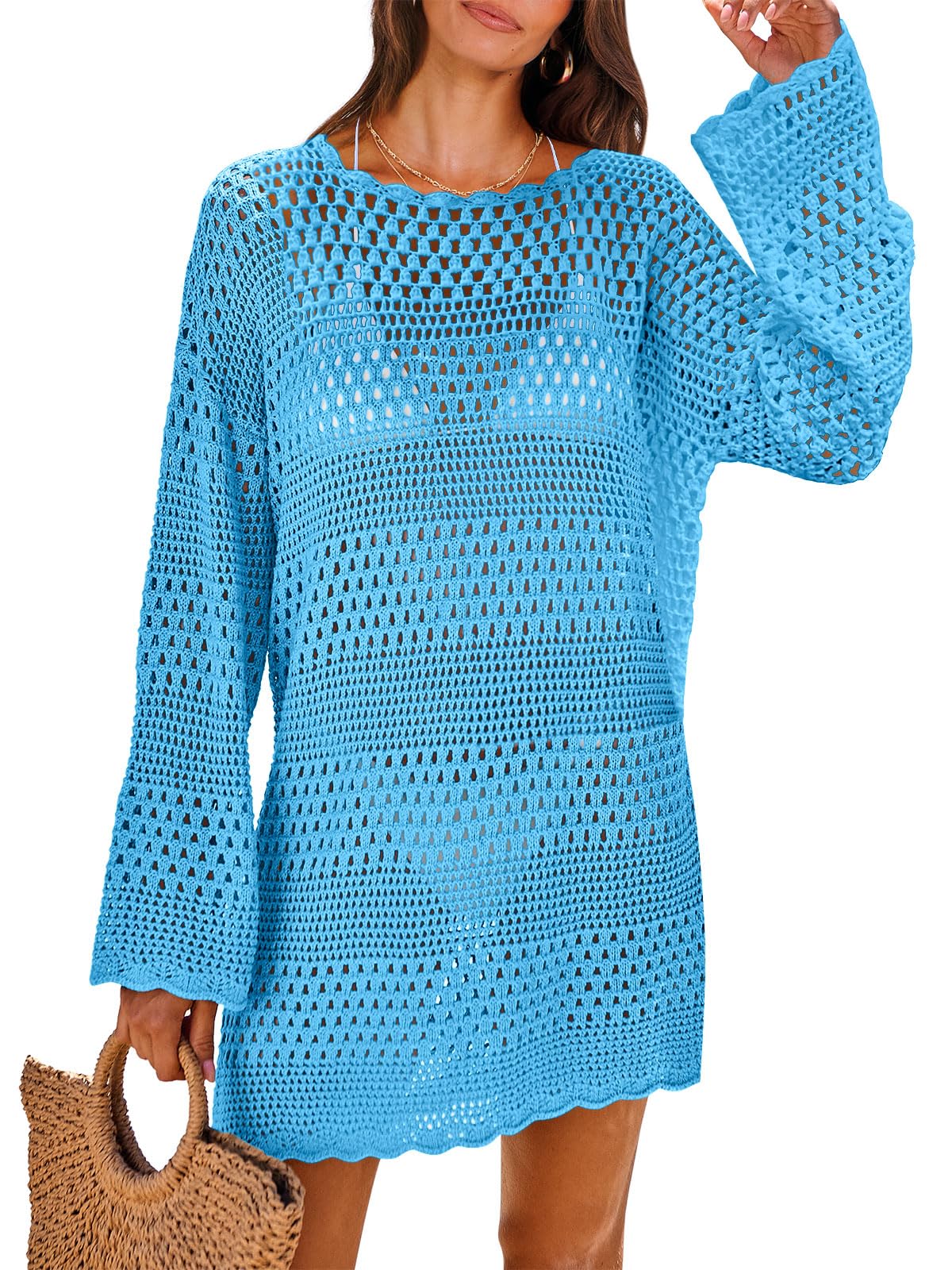 ANRABESS Women Swimsuit Crochet Swim Cover Up 2024 Summer Bathing Suit Swimwear Mesh Knit Beach Dress Vacation Outfits Blue Small