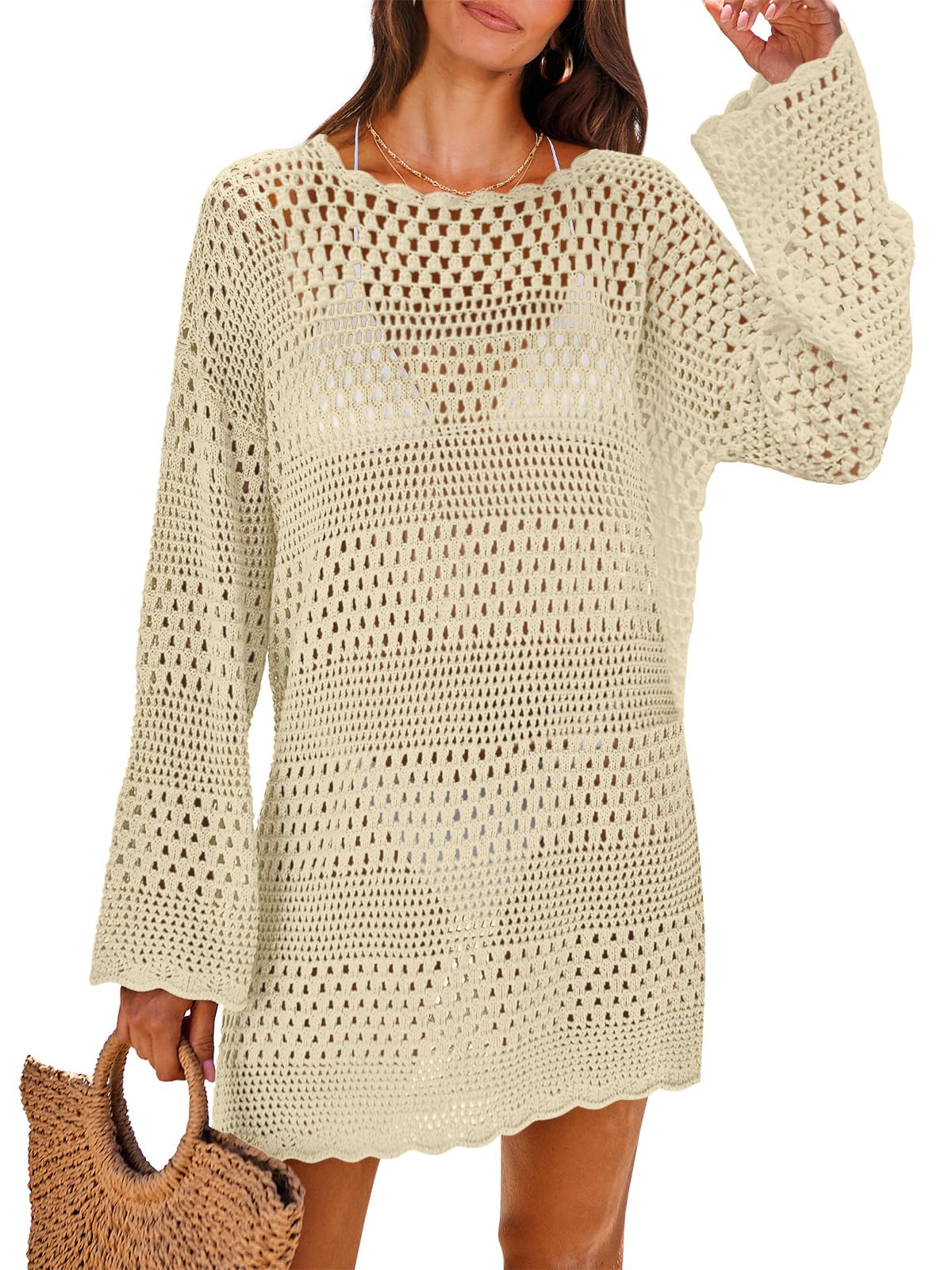 ANRABESS Women Swimsuit Crochet Swim Cover Up 2024 Summer Bathing Suit Swimwear Mesh Knit Beach Dress Vacation Outfits Beige Small