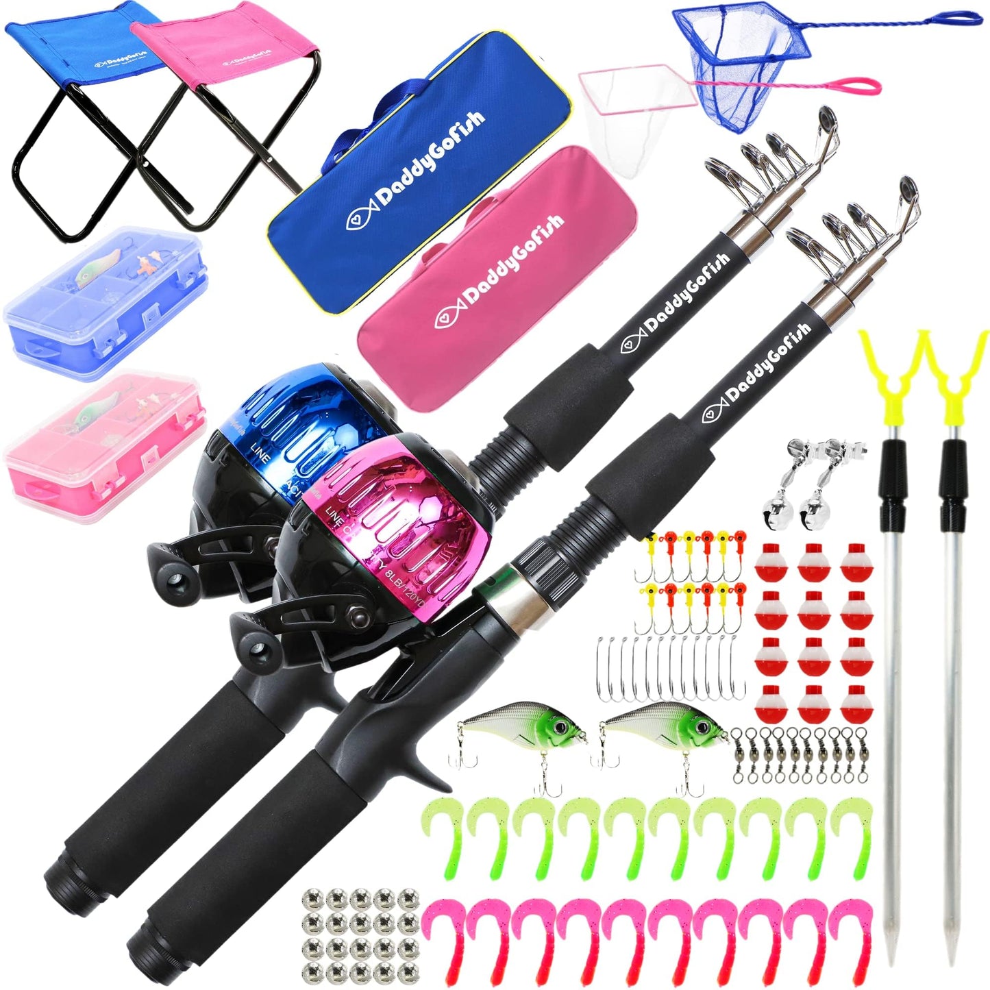 DaddyGoFish Kids Fishing Pole - Rod Reel Combo Tackle Box Starter Set - First Year Small Dock Gear Kit for Boys Girls Toddler Youth Age Beginner Little Children (Older Kids (2 Pack, Blue + Pink), 5ft)