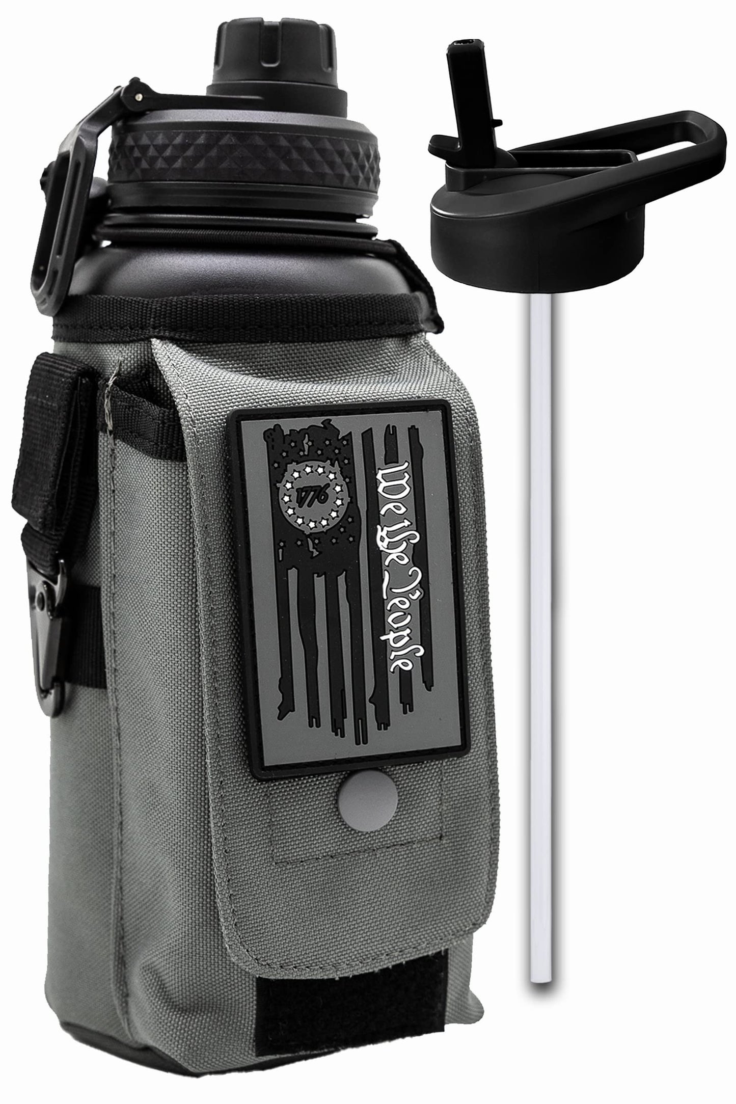 Iron Infidel Battle Bottle - 32 Oz Insulated Water Bottle with Straw Lid & Chug Cap, Stainless Steel Metal Tactical Flask with Rugged, Removable Sleeve for Keys & Phone or Wallet (Betsy Ross 1 Liter)