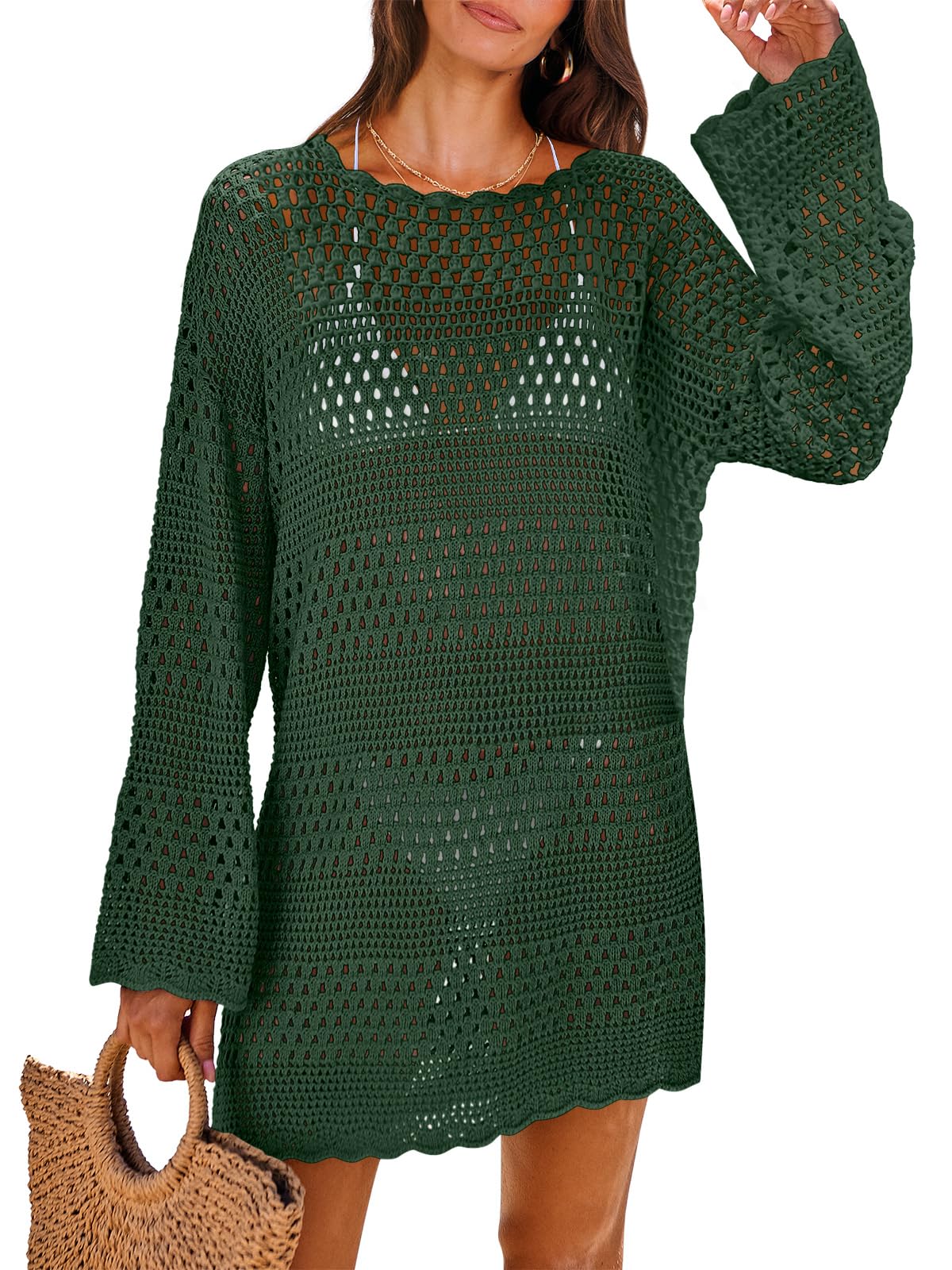 ANRABESS Women Swimsuit Crochet Swim Cover Up 2024 Summer Bathing Suit Swimwear Mesh Knit Beach Dress Vacation Outfits Deep Green Small