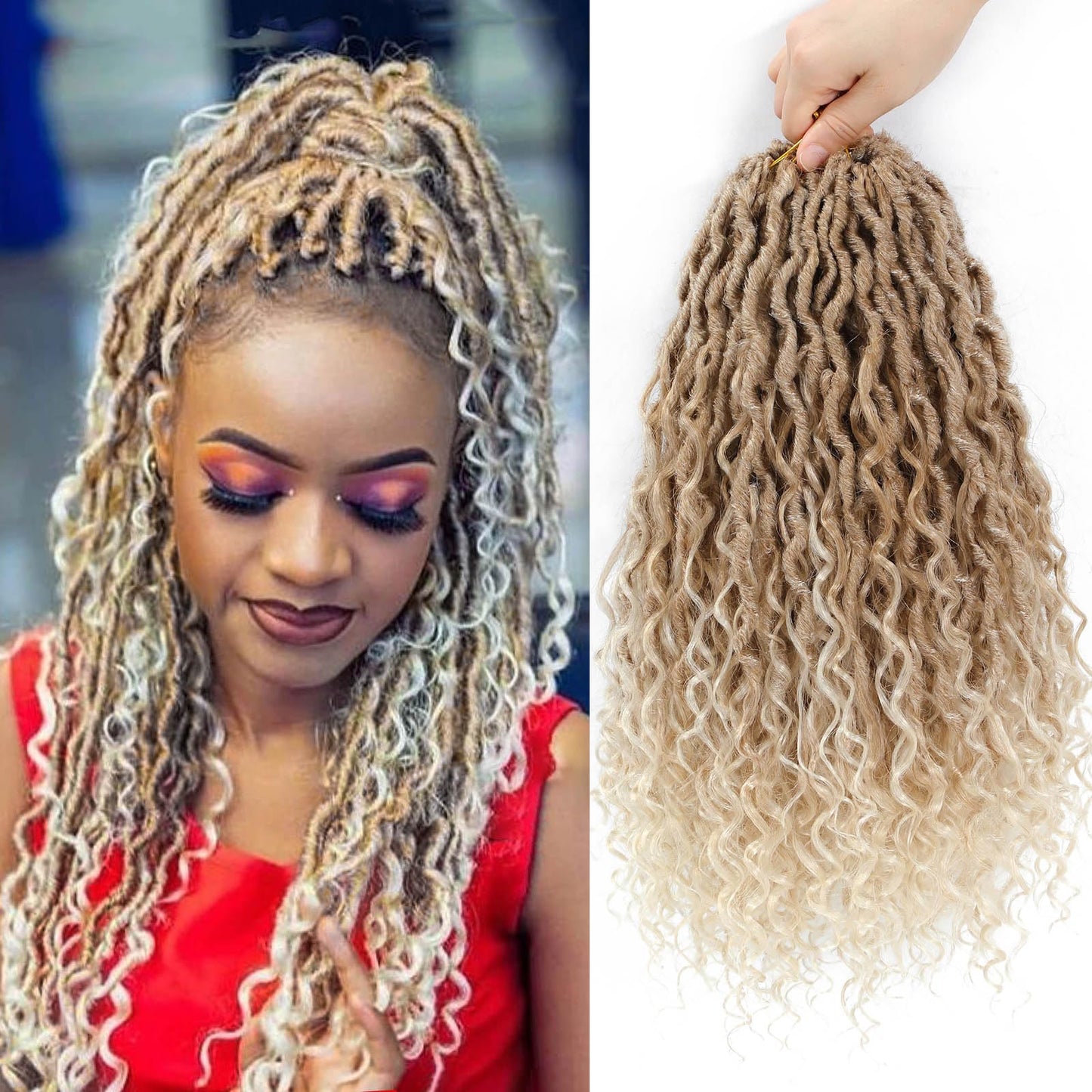 Col Bling 14 Inch Goddess Locs Crochet Hair 8 Packs Faux Locs Crochet Hair for Women Pre Looped River Locs Crochet Hair with Curly Ends (14 Inch 8 Packs, #27/613)