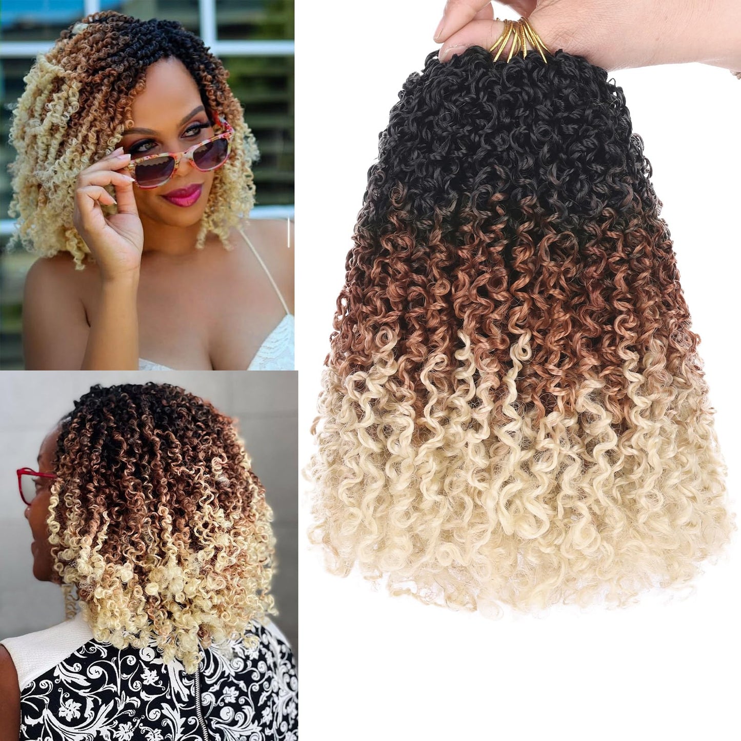 COOKOO 8 Inch Pre-looped Yanky Twist Crochet Braids Hair for Women 8 packs Ombre 3 Tones Pre Twisted Passion Twists Crochet Hair Kinky Curly Crochet Twist Synthetic Hair Extensions 1B/30/613#