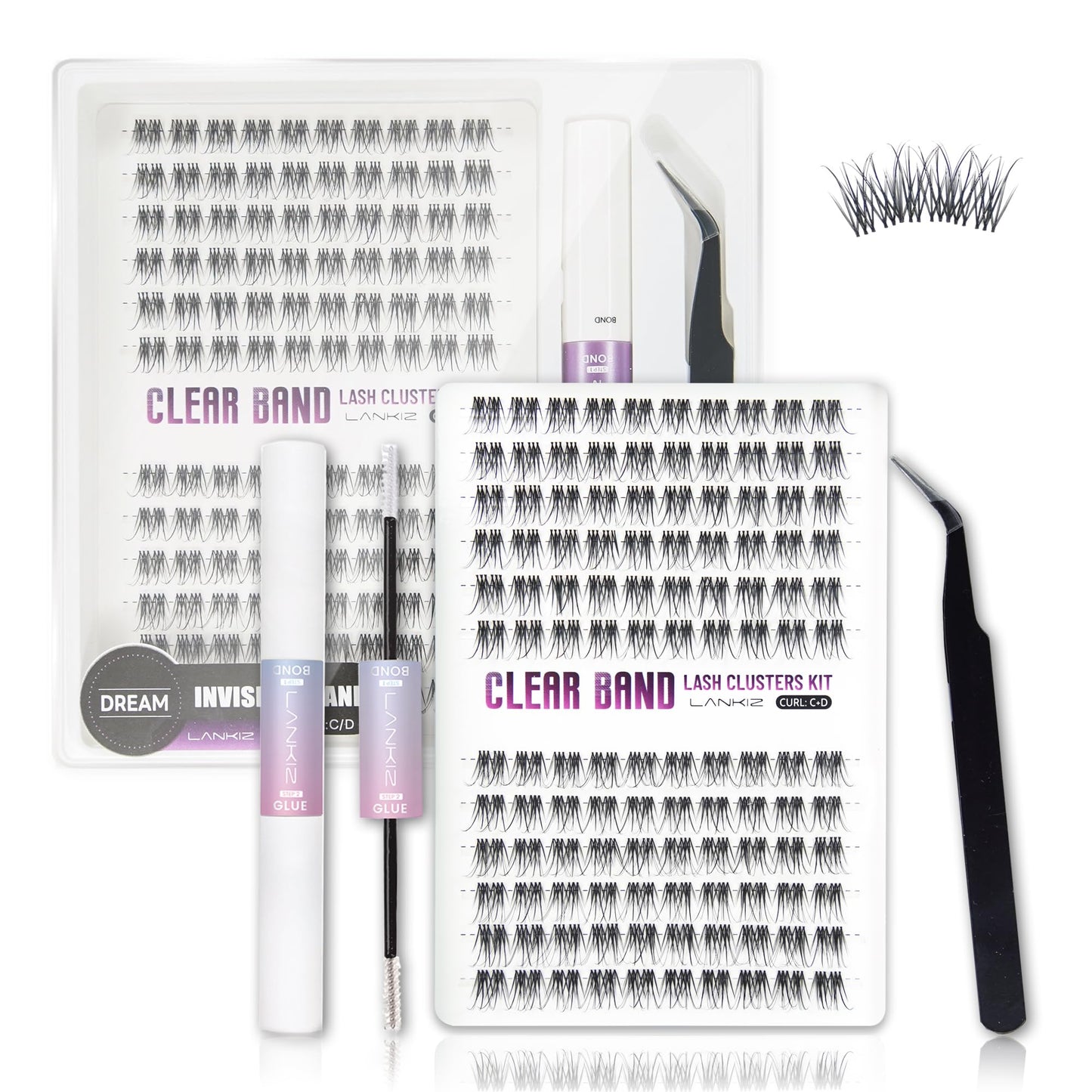 Lash Clusters Kit – LANKIZ Wispy & Fluffy Natural Eyelash Extensions, Invisible Band Individual Lashes Clusters, C+D Curl DIY Lash Extension Kit with Bond & Seal Glue for Beginners (Dream)