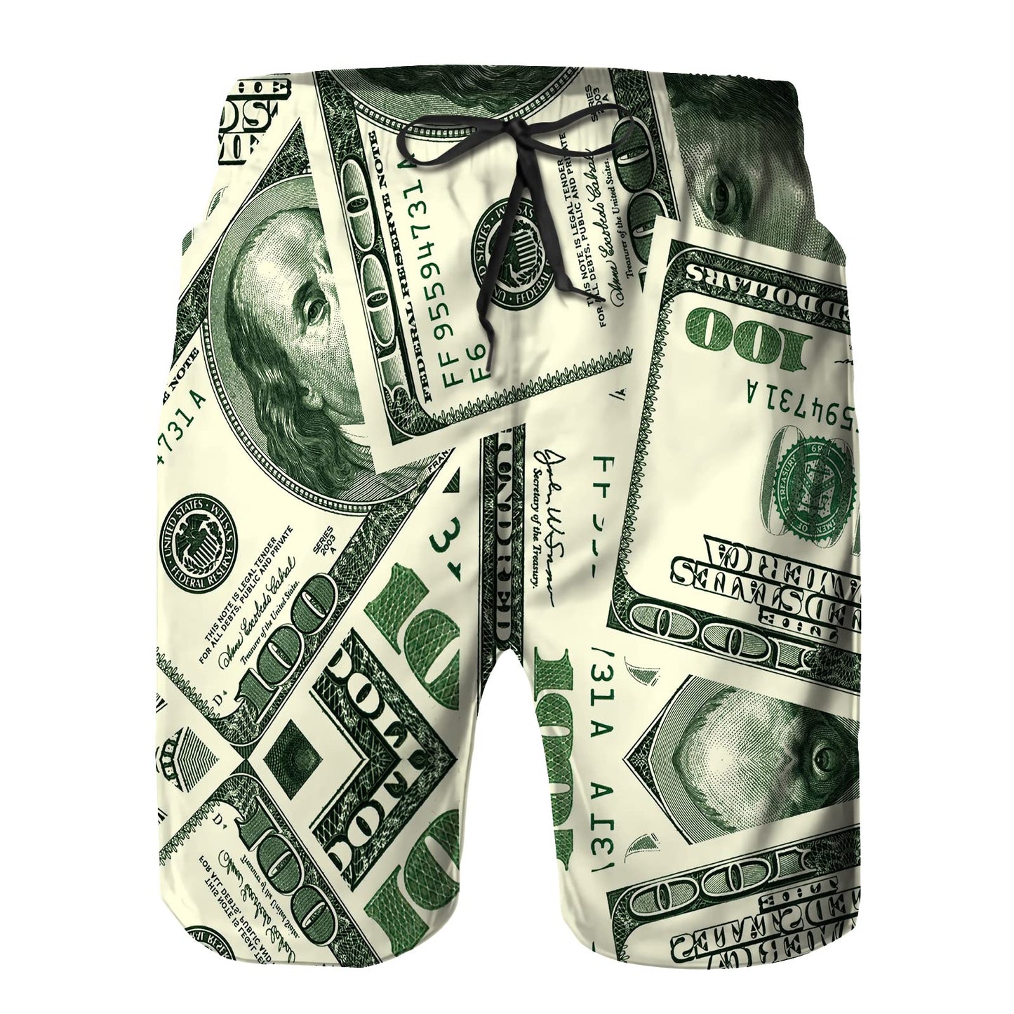BUGKHD American Dollar Money Graphic Men's Summer Beach Shorts, Athletic Trunks White