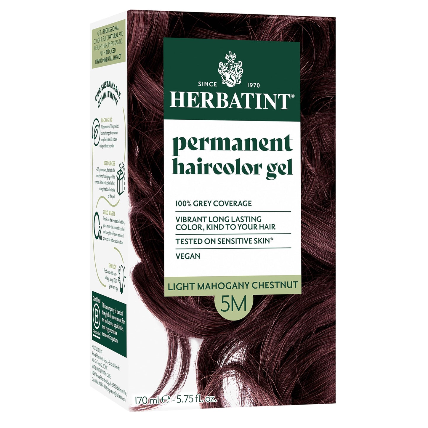 Herbatint Permanent Hair Dye For Women - 5M Light Mahogany Chestnut - For Up To 100% Gray Coverage of Resistant Gray Hair - Ammonia-Free, Alcohol-Free & Vegan - Salon Influenced Hair Color 5.75 fl oz