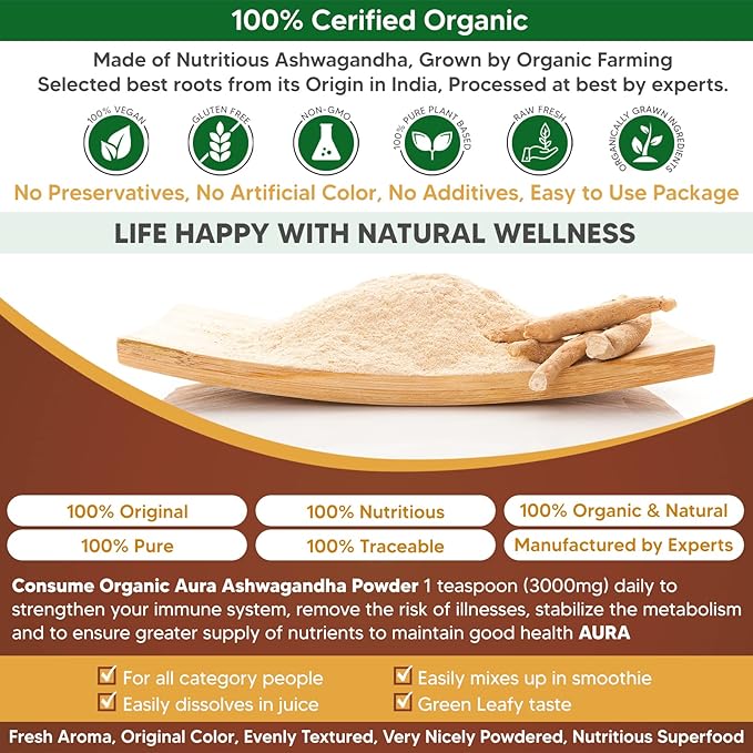 Certified Organic Ashwagandha Root Powder 8Oz -1/2Lb. Enhances Overall Health. 100% Pure Natural Herbal Supplement. No GMO. Gluten Free. Raw, Fresh and Original Withania somnifera.