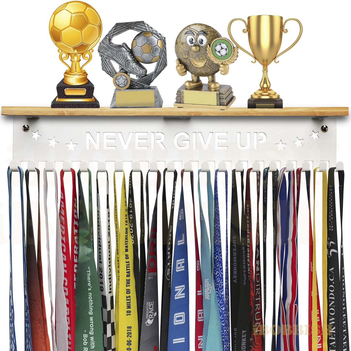 iBobbish Premium White Trophy and Medal Display Shelf 16inchL,Metal Trophy Shelf with 20 hooks Upgraded,Large Trophy Board Display,Sturdy trophy shelf with hooks for medals trophies
