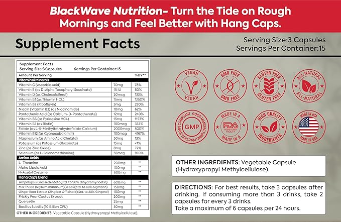 Hang Caps - Recovery Capsules After Drinking Aid - DHM (Dihydromyricetin) Morning Recovery Supplement - Hangover Relief with Ginger, Milk Thistle and B Vitamins - 45 Liver Aid Capsules