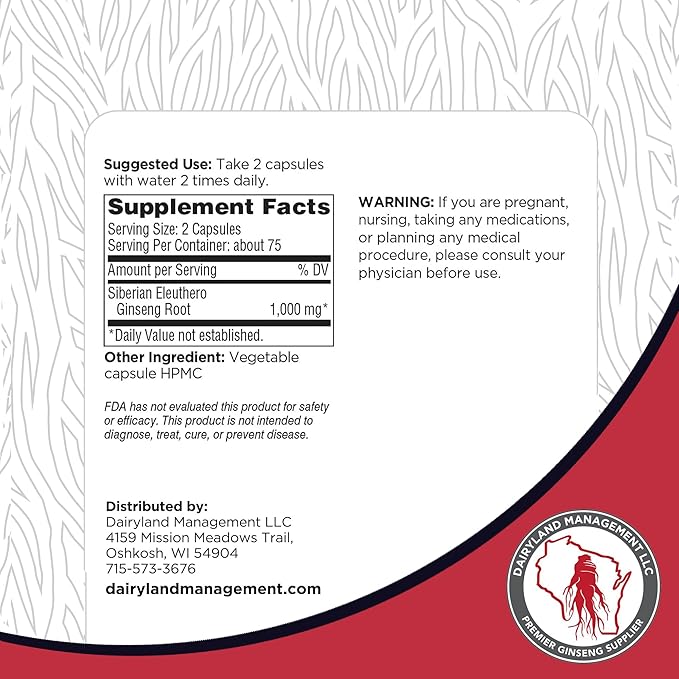 Dairyland Ginseng - Siberian Eleuthero Root Capsules - 150 ct - Authentic Siberian Ginseng - Utilize as Part of Your Daily Herbal Supplement Routine - Gluten Free & Non-GMO