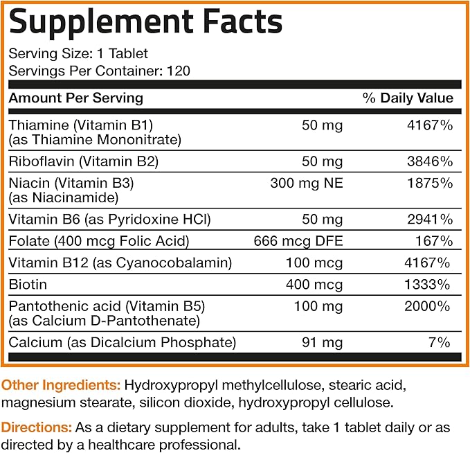 Bronson Super B Vitamin B Complex Sustained Slow Release (Vitamin B1, B2, B3, B6, B9 - Folic Acid, B12) Contains All B Vitamins 120 Tablets