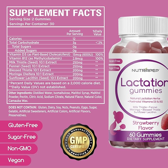 Lactation and Postnatal Support Gummies - Milk Production Supply Increase Supplements for Breastfeeding Women - with Vitamins D3 B12 Milk Thistle Fennel Seed Moringa Sunflower Lecithin