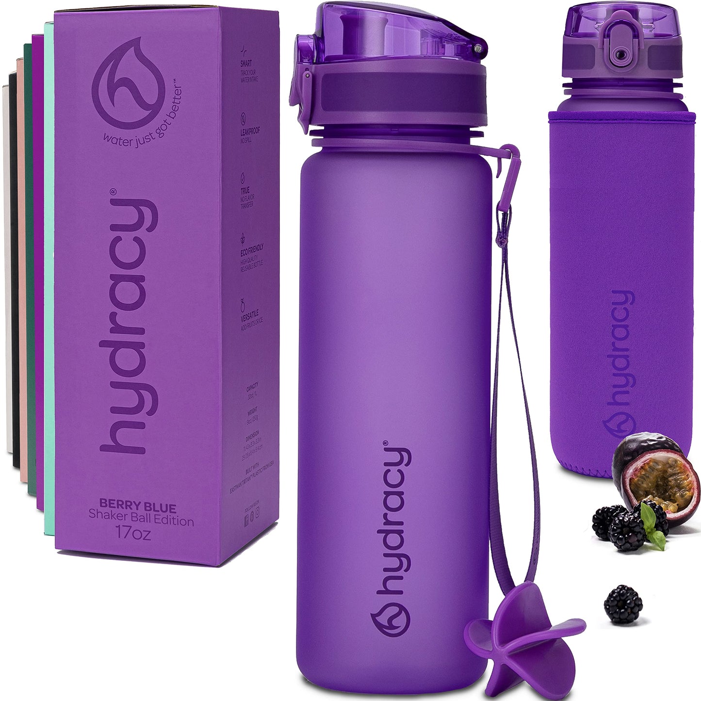 Hydracy Water Bottle with Shaker Ball & Time Marker - 500ml 17oz BPAFree Water Bottle -Leak Proof & No Sweat Gym Bottle w/Fruit Infuser Strainer -Ideal Gift for Fitness, Sports & Outdoors -Berry Blue
