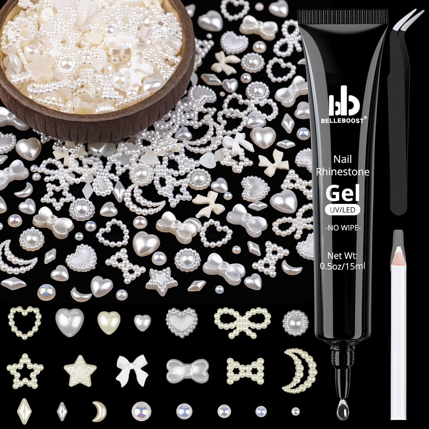 600Pcs 3D Multi Shapes Nail Charms and Flatback Pearls, White&Beige Mix Styles Heart Star Bow Sunflower Embellishments for Nail Art, Craft and Decoration with Glue Gel, Tweezer and Pickup Pencil
