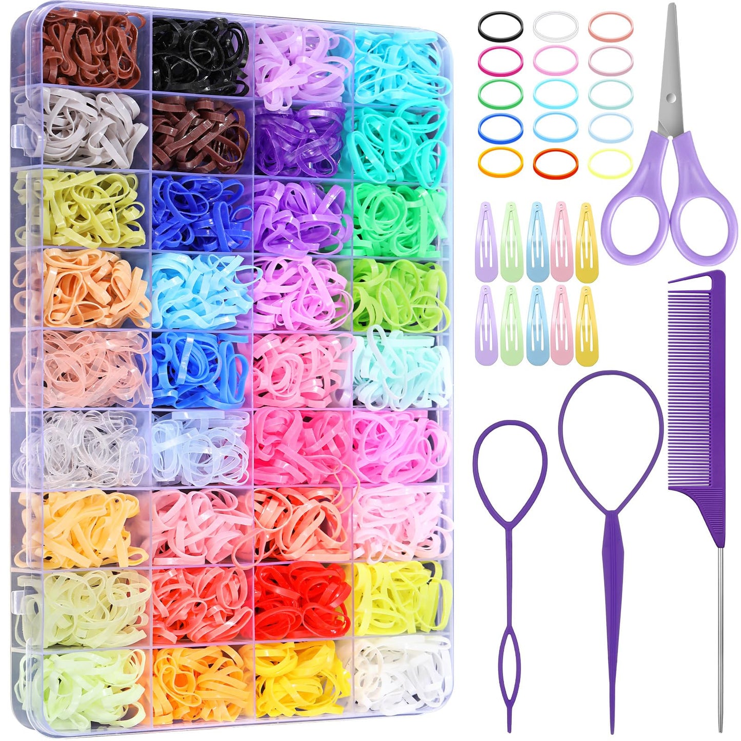 Auroray Hair Rubber Bands for Girls, Kids & Toddlers, 3000 Pcs Colorful Elastic Hair Bands with 14 Hair Styling Tools, Multicolor