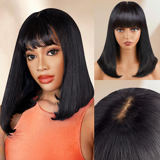 Bob Wig with Bangs Human Hair 4x2 Lace Bob Wig Human Hair with Bangs 180% Density Glueless Bang Bob Wigs Human Hair Wig For Women Natural Black(16 Inch,Bob With Bangs)