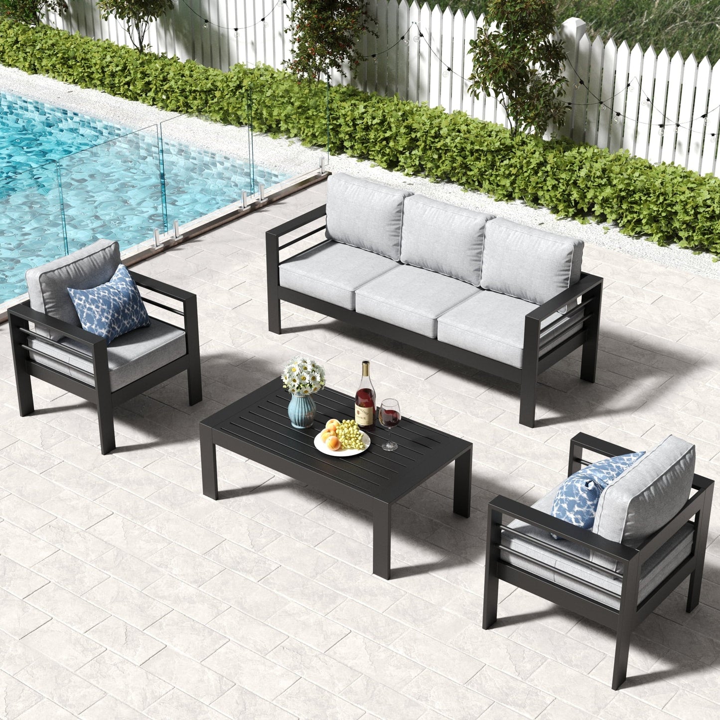 LayinSun Aluminum Outdoor Patio Coffee Table Modern Rectangle All-Aluminum End Table with Metal Frame