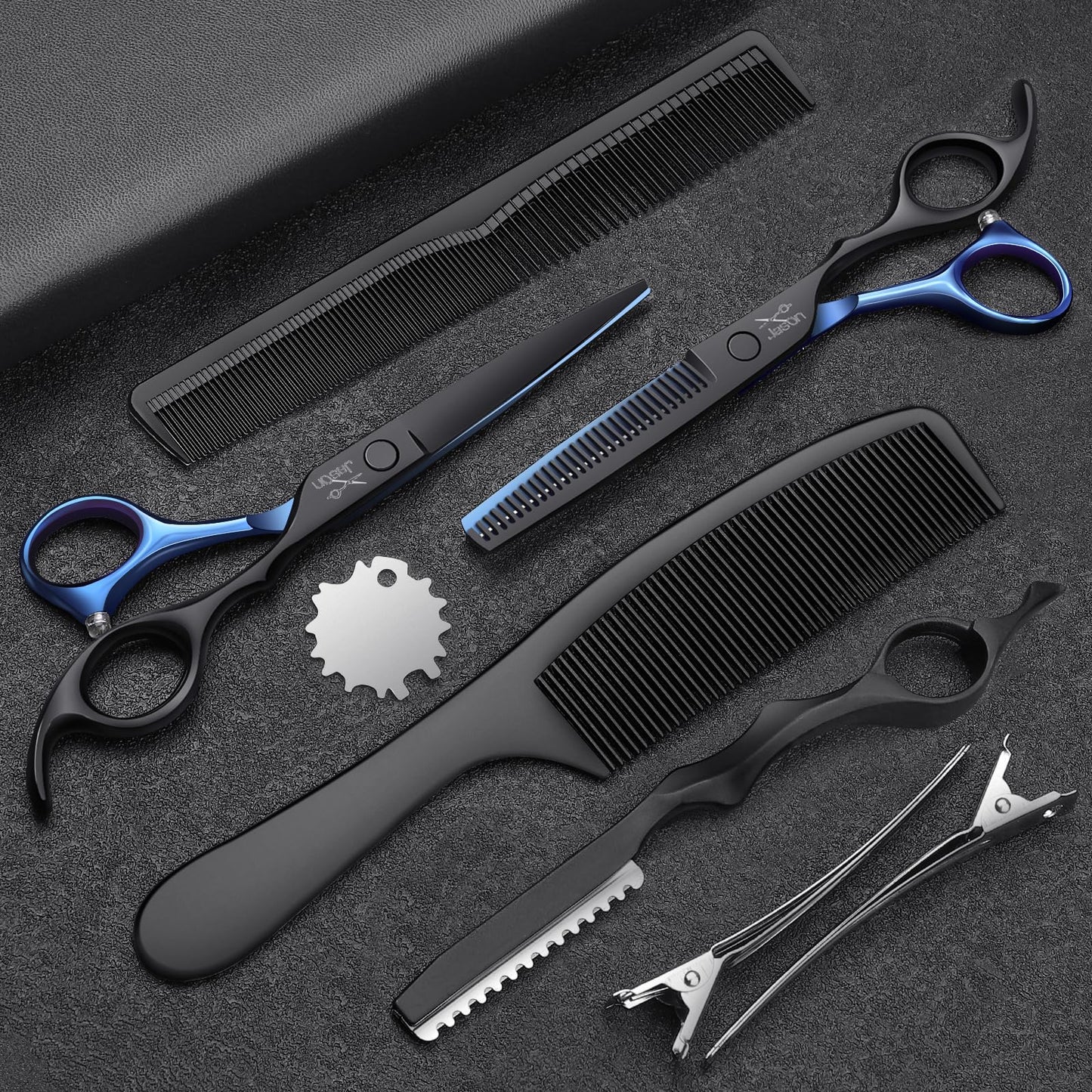 JASON Hair Cutting Scissors Kit - Professional 10 PCS Haircut Scissors Set with 6.7" Thinning/Texturizing Scissors, Straight Shears for Men Women Home Salon Barber (30 Teeth, Black & Blue)