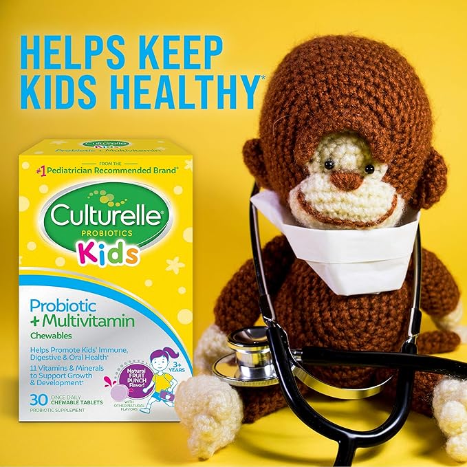Culturelle Kids Probiotic + Complete Multivitamin Chewable For Kids, Ages 3+, 30 Count, Digestive Health, Oral Health & Immune Support - With 11 Vitamins & Minerals, including Vitamin C, D3 & Zinc