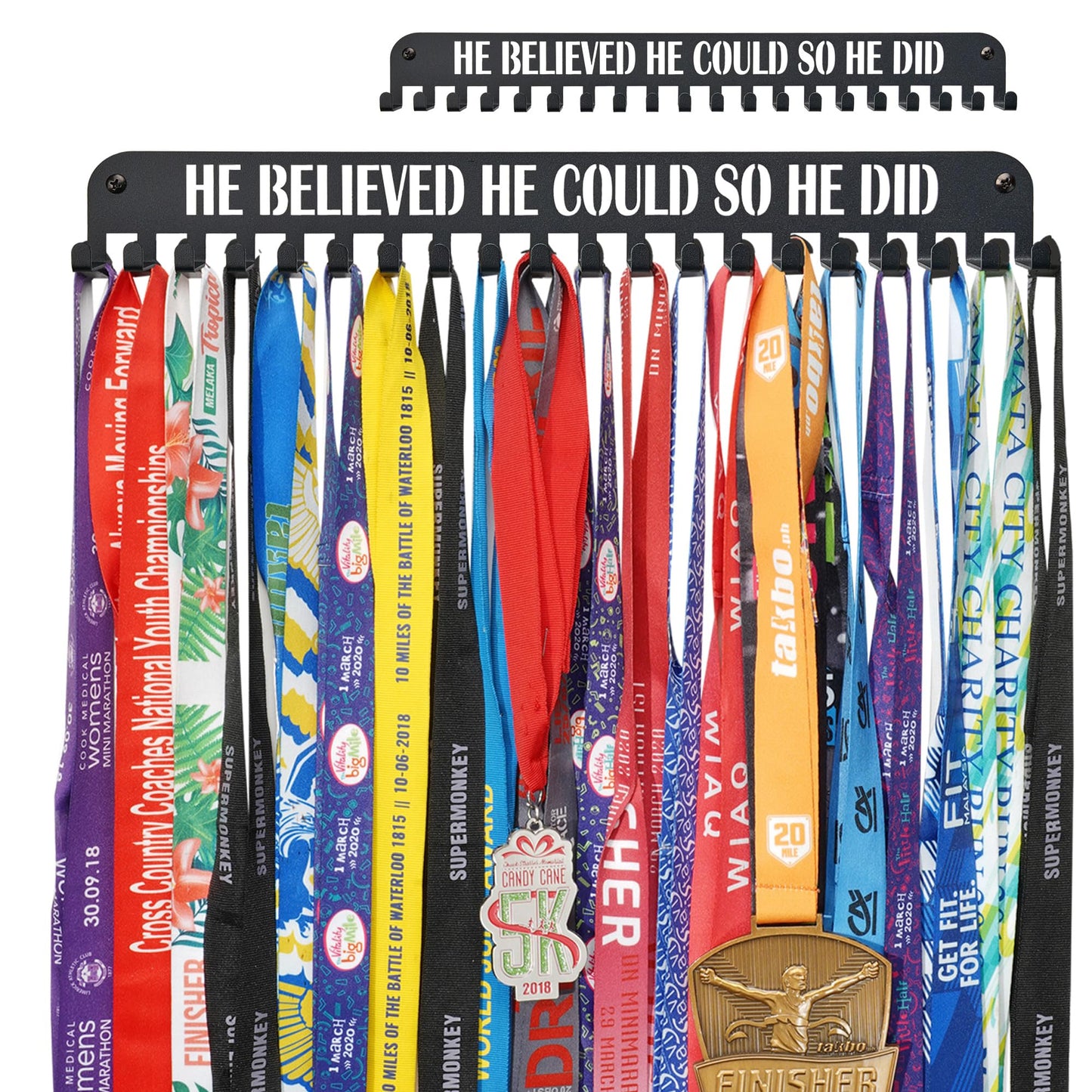 He Believed He Could SO HE DID Race Medal Holder Hanger Display Rack Ribbon Wall with 20 Hanging Hooks Easy Use -Run Wrestling Runner Marathon Running Medal Holder Display Rack father's gifts