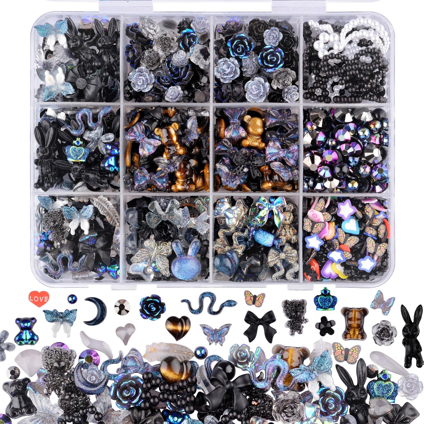 Kikonoke 850 Pieces 3D Butterfly Rose Flower Bow Rabbit Bear Nail Charms Kit with Nail Art Rhinestones Pearls Crystal Gems Nail Slices for Manicure DIY Crafts Jewelry Accessories (Black)