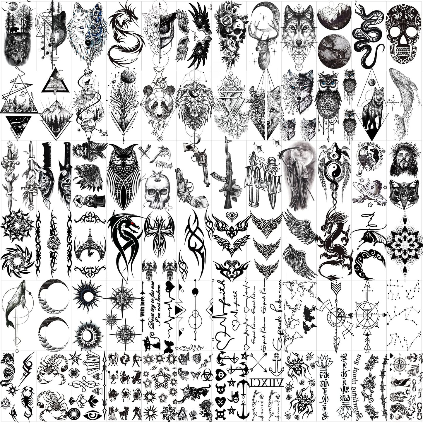 Hotoyannia 72 Sheets Halloween Tiny Temporary Tattoos Stickers, Fake Tattoos That Look Real And Last Long, Halloween Tattoos Include Black Scary Wolf Lion Tiger Skeleton Skull