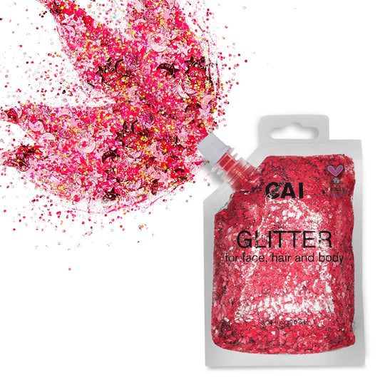 Body Glitter Gel- Face, Body & Hair (1 Pk Red) Chunky Iridescent Holograph Stars & Moon, 3 oz | Cosmetic-Grade Makeup, Apply Without Glue, Easy to Take Off & Keep Skin Clean - for Concerts, Raves