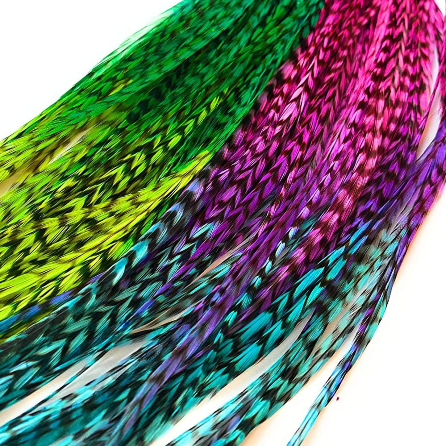 Hair Feathers in Rainbow Tie Dye Bright Colors, 20 Long Feathers with beads and loop tool DIY kit, Grizzly Rooster Feather Hair Extensions