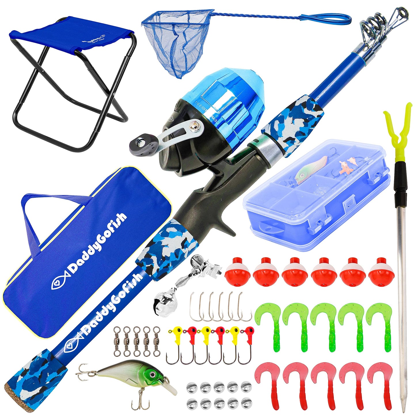 DaddyGoFish Kids Fishing Pole - Rod Reel Combo Tackle Box Starter Set - First Year Small Dock Gear Kit for Boys Girls Toddler Youth Age Beginner Little Children Junior Anglers (Blue, 4ft)