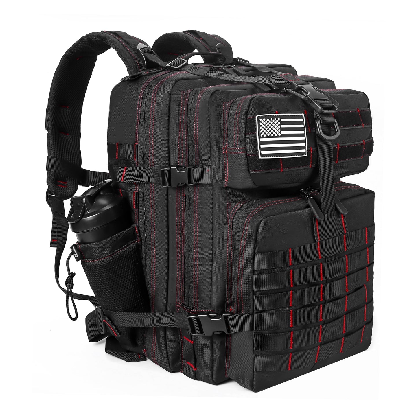 LHI Military Tactical Backpack for Men and Women 45L Army 3 Days Assault Pack Bag Large Rucksack with Molle System - Black with Red Line