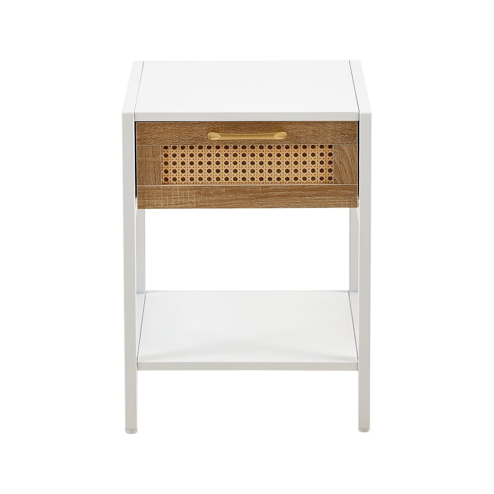 15.74" Rattan End table with drawer, Modern nightstand, metal legs,side table for living room, bedroom,white(1 pc)