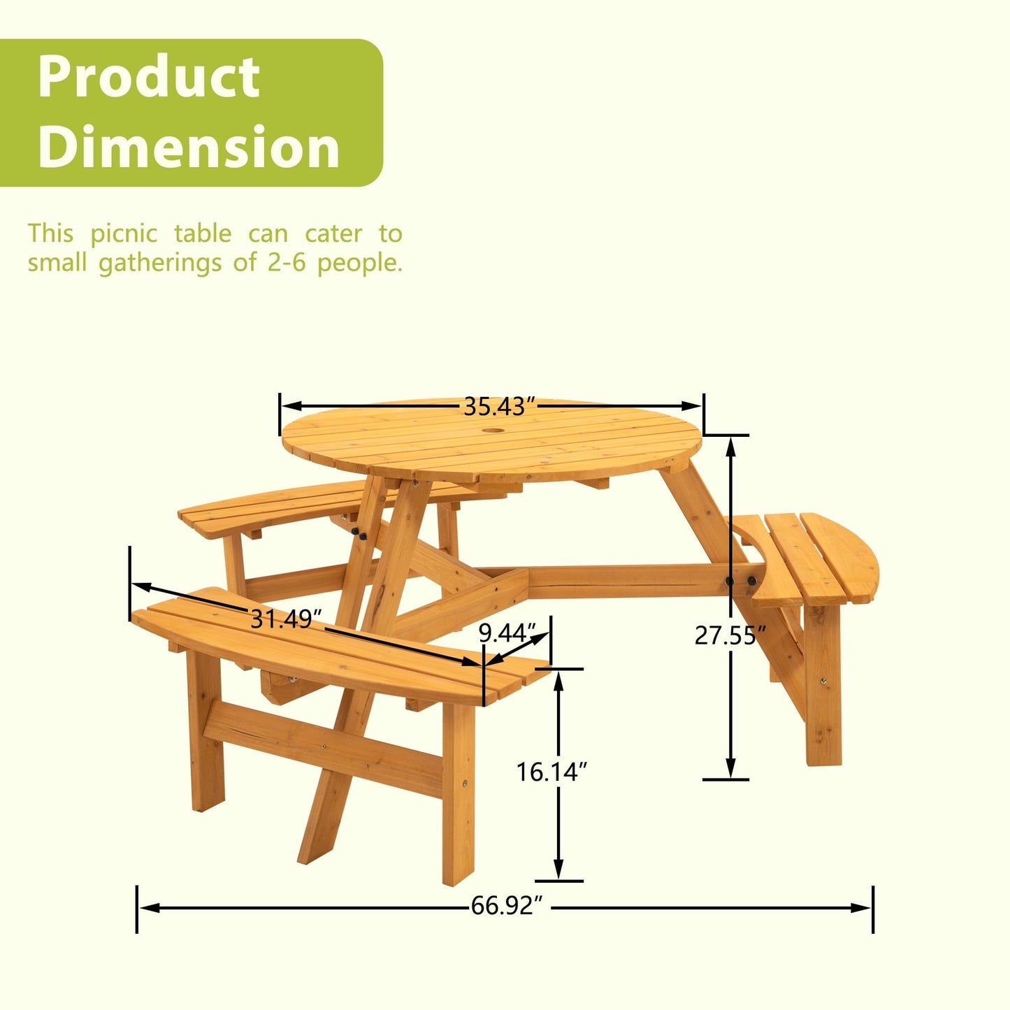 6-Person Outdoor Circular Wooden Picnic Table with 3 Built-in Benches for Patio Backyard Garden(Natural)
