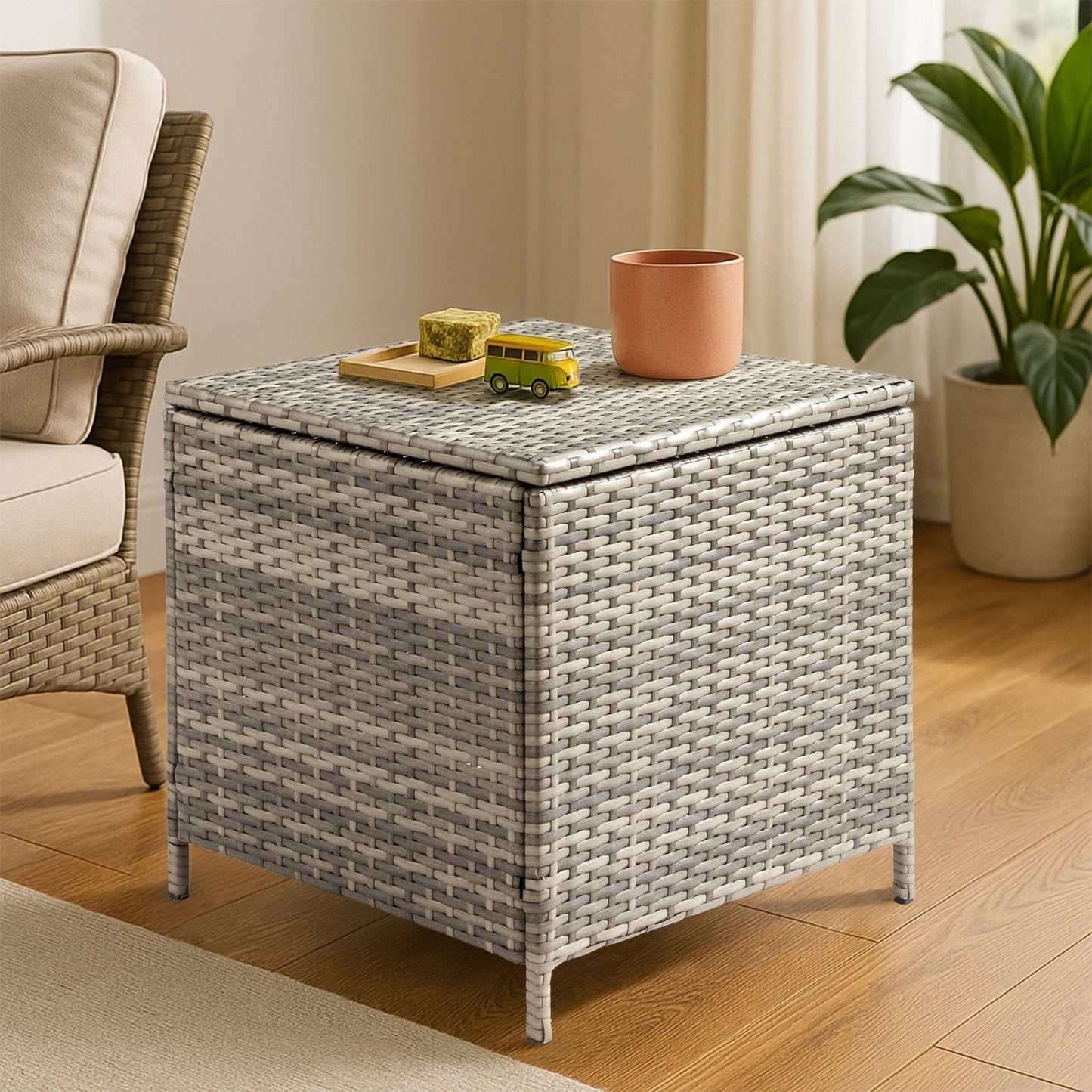 Ktaxon Wicker Side Table with Storage, 27 Galllon Square Ratten Storage Side Box Container for Furniture Covers, Toys and Gardening Tools, Gray