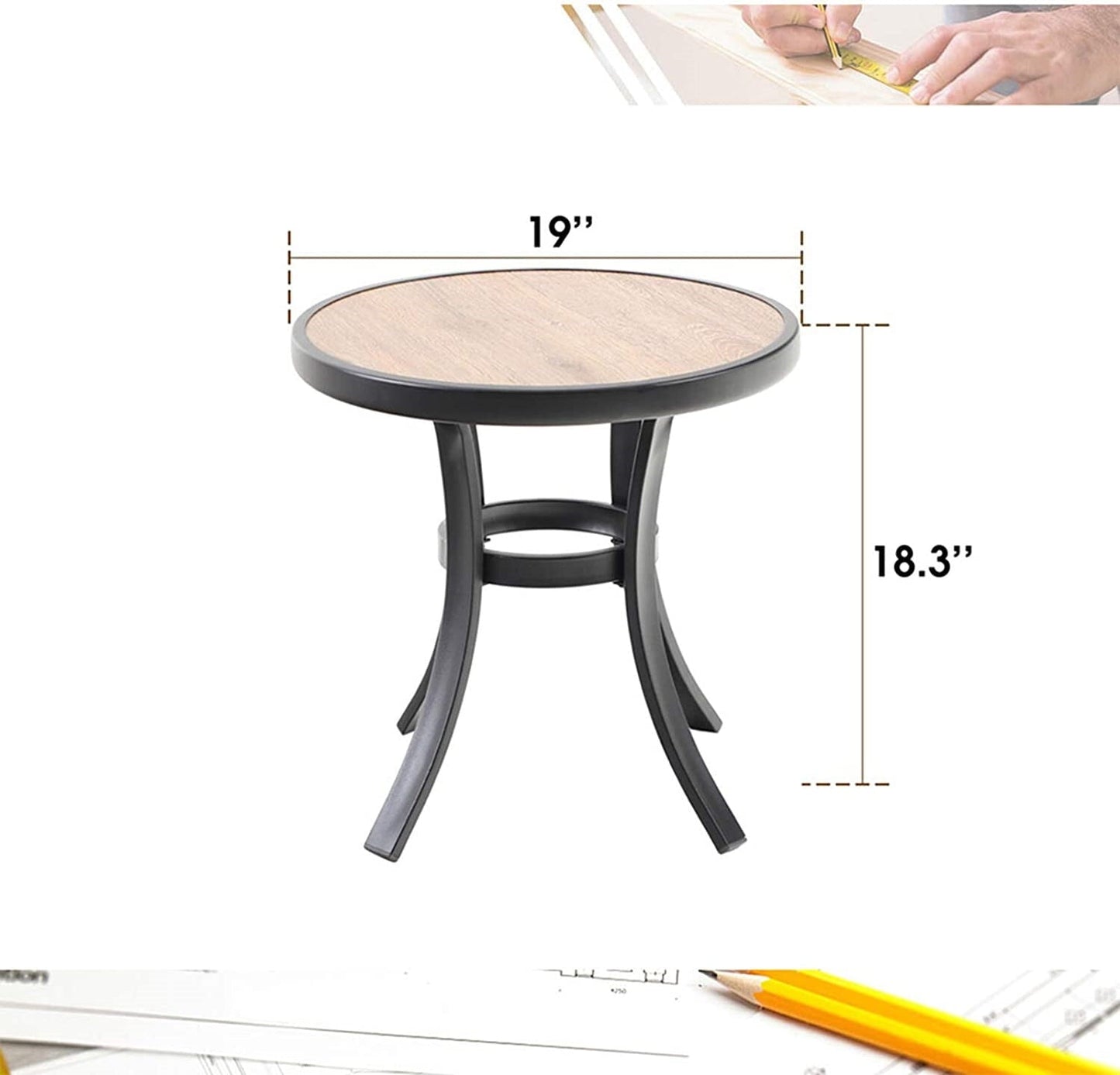 CGDYCF Round Patio Side Table 19" Outdoor & Indoor Small Coffee Bistro Table, Powder-Coated Metal Frame with Wood-Look Top