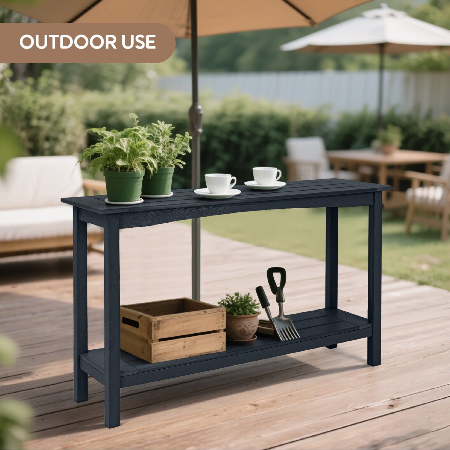 Bstjewey Outdoor 48" 2-Tier Console Table, Weatherproof HIPS, Black
