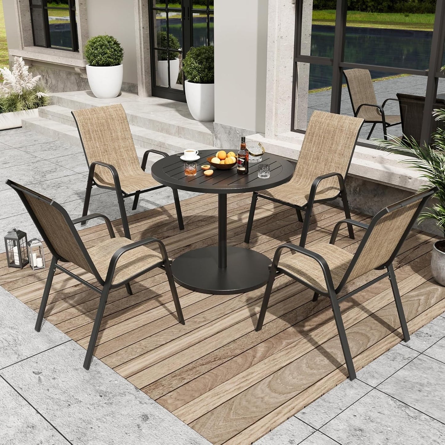 CHINNLUU Patio Dining Chairs Set of 4 Outdoor Stackable Dining Chairs for All Weather 330lbs Capacity Heavy Duty Metal Frame Patio Furniture for Backyard Garden Poolside (Brown)