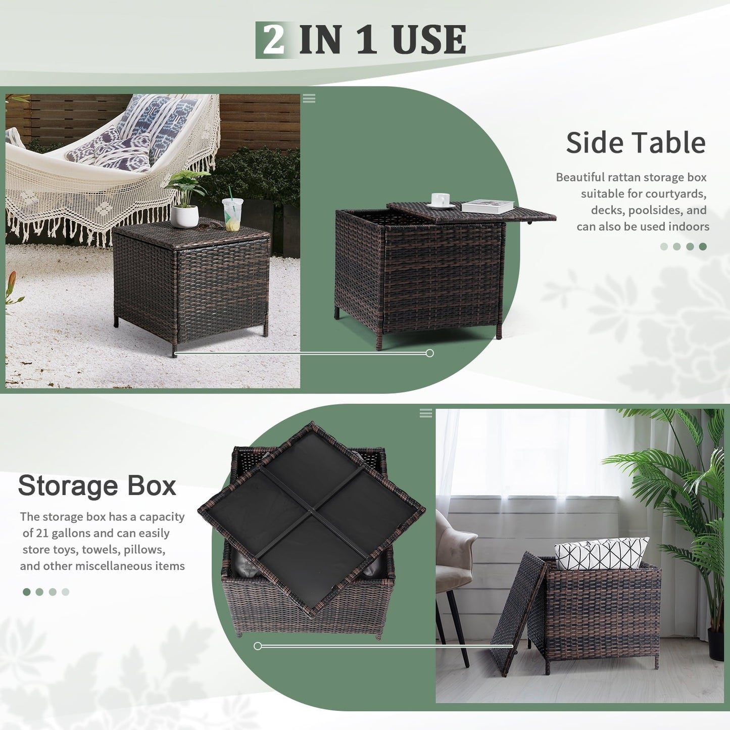 Buytoshop Outdoor PE Wicker Side Table with Storage, Patio Rattan End Table Square Container for Toys and Gardening Tools, Brown