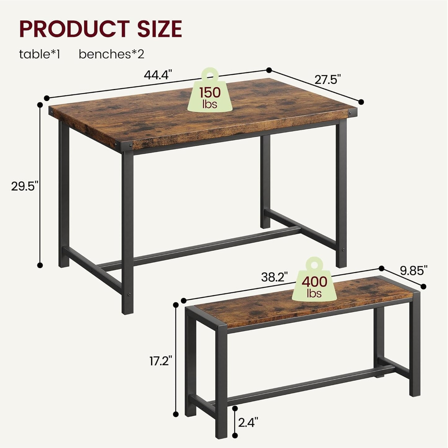 3 Piece Dining Table Set for 4 with Space-Saving Benches, Tabletop, Steel Frame, Modern Farmhouse Kitchen Table for Small Spaces Rustic Brown