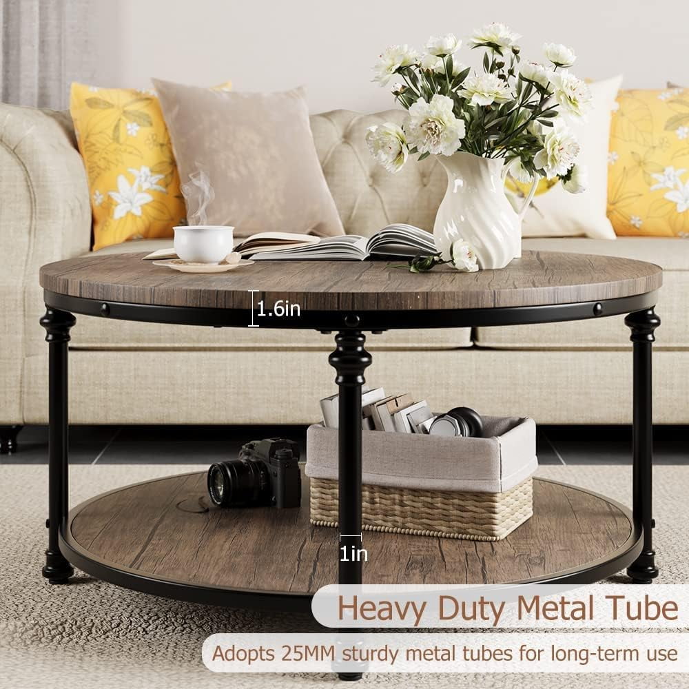 2-Tier Round Wood Coffee Table With Storage Shelf & Roman Column Metal Frame – Rustic Circle Center Table With Easy Assembly for Living Room, Reception Room ,30.5" x 30.5" x 18", Wood Grain Brown