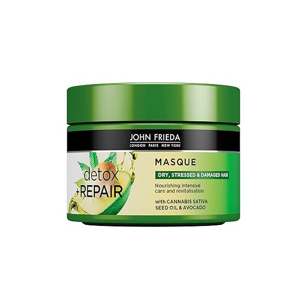 John Frieda Detox & Repair Masque 250 ml, Intensive Deep Conditioner for Dry, Stressed and Damaged Hair, Nourishing Hair Mask with Cannabis Sativa Seed Oil Avocado