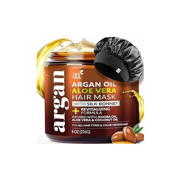 Hair Mask + Silk Bonnet for Sleeping Women Set - Deep Conditioner & Leave-In Dry, Damaged Argan Oil, Jojoba, Aloe Keratin Satin Sleeping, Repair Hydrate (8 oz)
