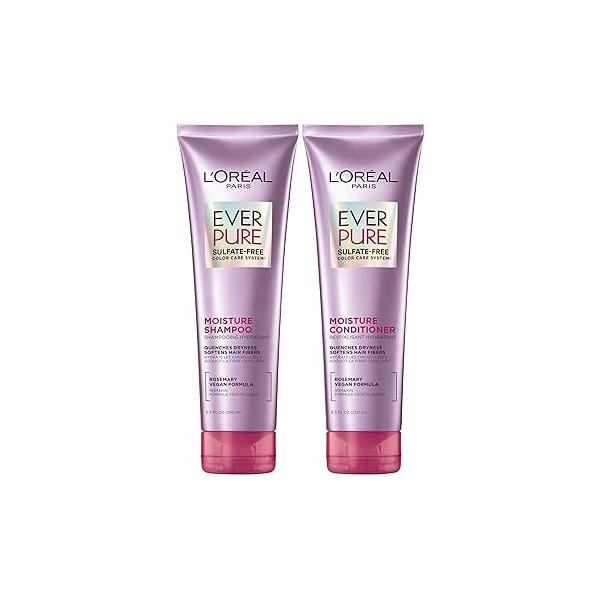 L'Oreal Paris Moisture Sulfate Free Shampoo and Conditioner Set, Hair Care for Color-Treated with Rosemary Botanicals, EverPure, 1 Kit