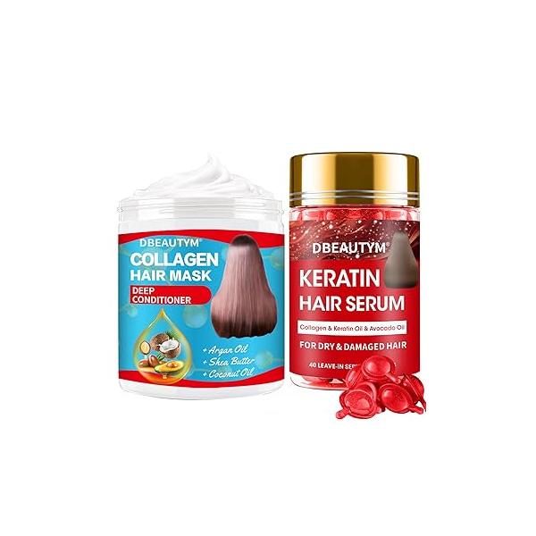 Collagen Hydrating Hair Mask Keratin Serum,Natural Deep Conditioner Mask,Moisturizing Oil for Split Ends, Styling Serum Frizzy & Dry Hair,Keratin Capsules