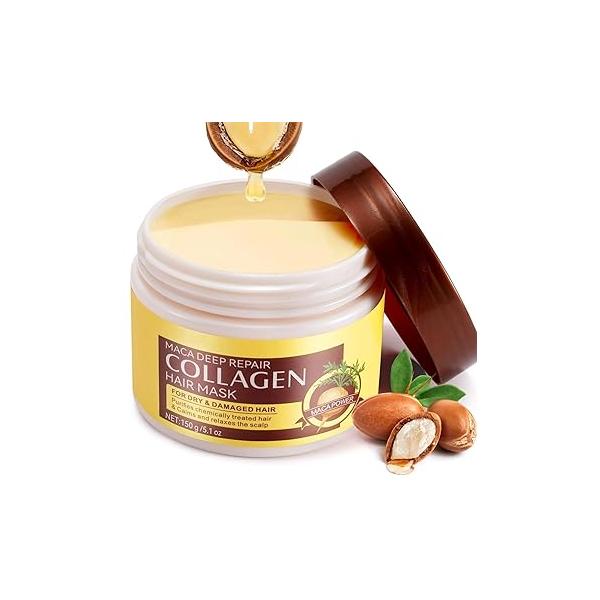 Collagen Hair Mask, Treatment for Dry Damaged Hair, Deep Repair Conditioner with Maca Essence, Hydrating and Moisturizes - 150ml