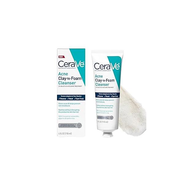 CeraVe Clay To Foam Acne Face Wash, Multi-Use Salicylic Acid & Kaolin Spot Treatment Clears Pimples Blackheads, Prevents Breakouts, Hydrates Soothes, Fragrance-Free, Non-Comedogenic, 4oz