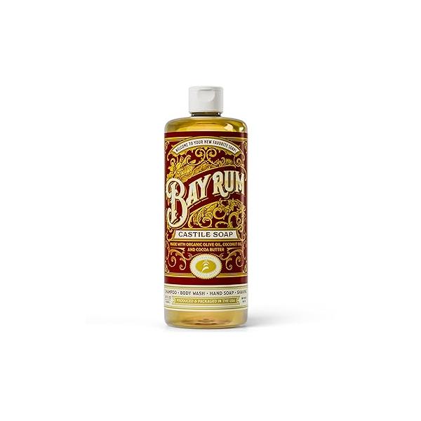 Carolina Castile Soap Bay Rum Scent - Certified Organic Base, High Olive Oil Content, Non-Drying, Made with Oils, Concentrated Natural Body Wash for Men and Women (Bay Rum, 32 Fl Oz)