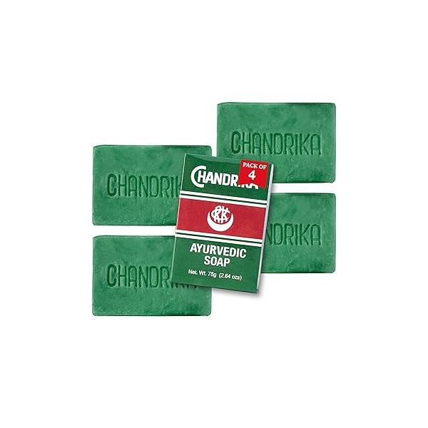Chandrika Ayurvedic Soap | Organic Bar with Vegetable Oil 100% Natural for Men and Women Vegan All Skin Types Handmade Herbal Body Bars - 2.64 Oz 4-Pack