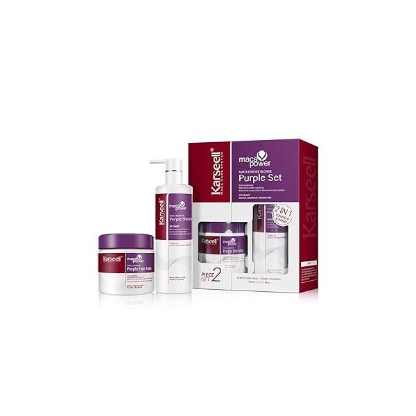 Karseell maca power Purple Hair Mask and Shampoo Set, Neutralizes Brass & Yellow Tones for Blonde, Gray, Silver Color Treated Hair, 2 x 16.9floz