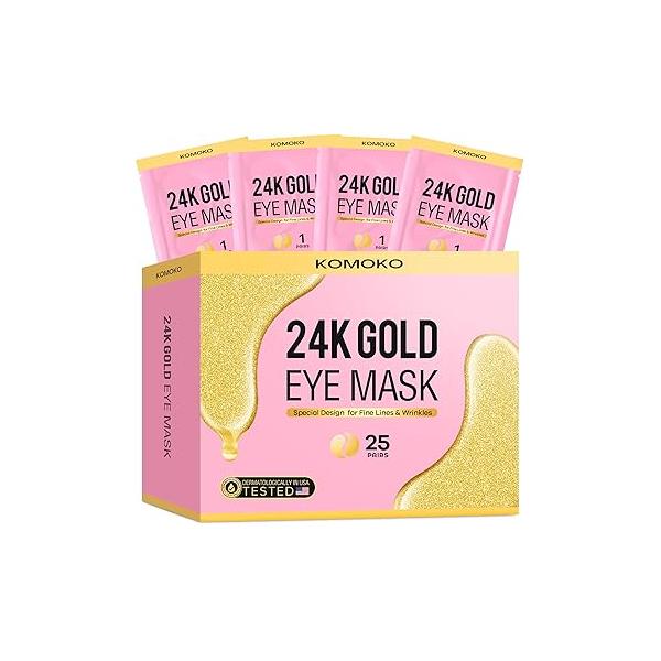 Komoko 25-Pairs 24K Gold Under Eye Patches, Skin Care, Golden Mask Anti-Aging Collagen & Amino Acid, for Removing Dark Circles, Puffiness and Wrinkles, Refresh Your