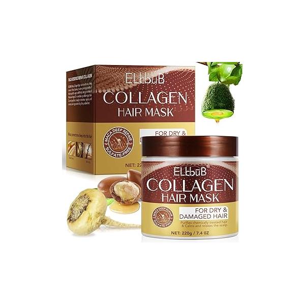 Collagen Hair Mask with Peruvian Ginseng, Avocado Oil, Marigold & Chamomile - Deep Repair Treatment for Dry, Damaged Restores Shine, Hydration Strength Suitable All Types